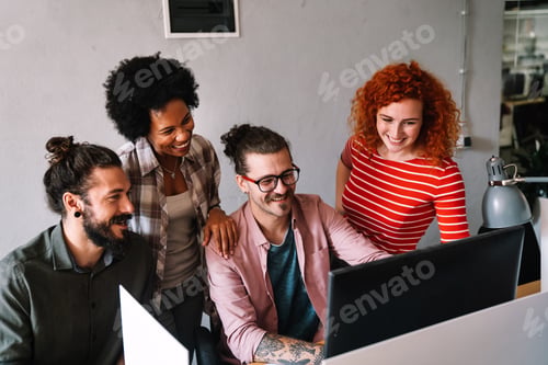 Preview: Mixed team of software engineers brainstorming ideas. Diverse app developers collaborating as group