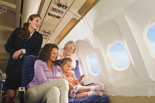 Preview: Germany, Munich, Bavaria, People with cell phone in economy class airliner