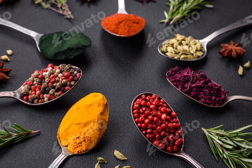 Preview: Variation of spices in metal spoons paprika, turmeric, cardamom, a mixture of allspice and thyme