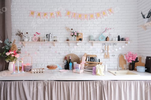 Preview: decorated kitchen counter for Happy Birthday front view