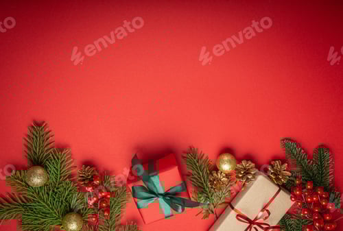 Preview: Festive Christmas Gifts and Decorations on Red Background