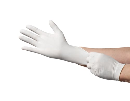 Preview: Arm Wearing White Medical Glove on White Background