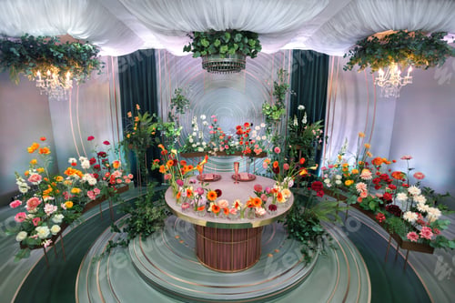 Preview: The round table of the bride and groom in the restaurant is decorated with vibrant flowers.