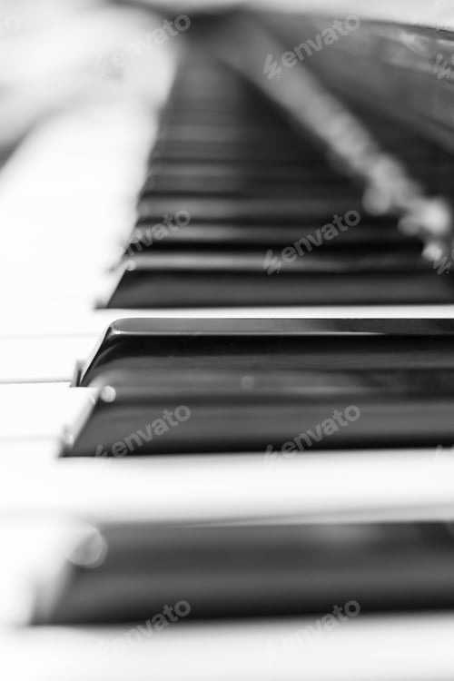 Preview: Piano keys closeup. Musical instrument in black and white photo.