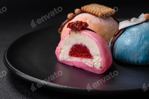 Preview: Delicious sweet colorful mochi desserts or ice cream with rice dough and toppings