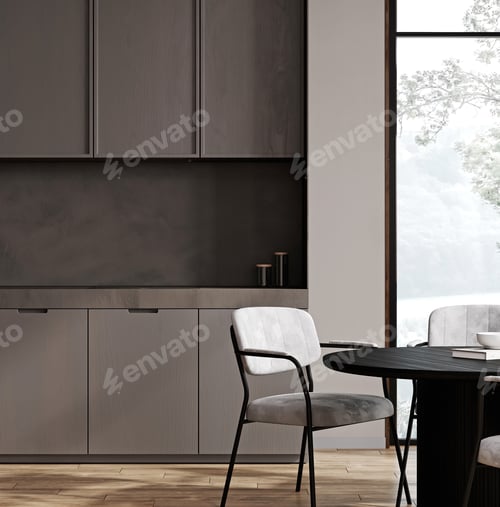 Preview: Modern kitchen interior with dinning area and window, 3d rendering