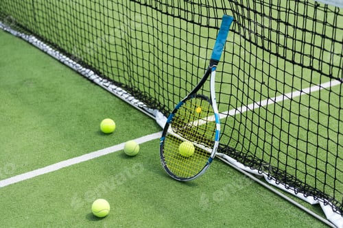 Preview: Tennis balls on a racket on the court ground
