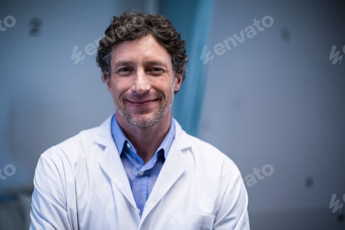 Preview: Man standing in laboratory wearing white lab coat over light blue shirt with numeric wall labels