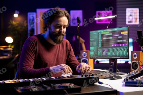 Visualização: Cantora tocando teclado de piano eletrônico e gravando arquivos de áudio