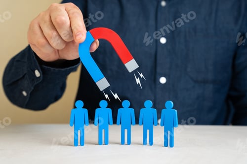 Preview: A man with a magnet attracts people. Leadership charisma. Attracting clients or hiring.