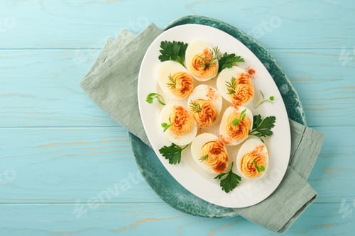 Preview: Stuffed or deviled eggs with paprika and parsley on blue plate for easter table. Traditional dish fo