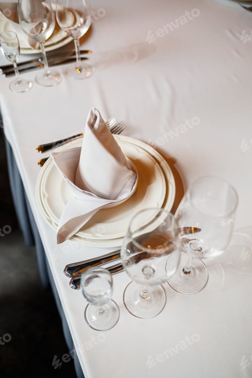 Preview: Serving a festive table in a restaurant. Preparation of a banquet for a holiday. Expensive