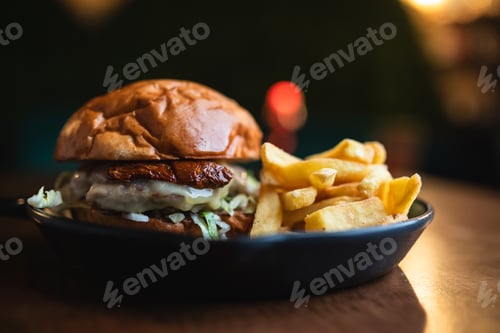 Preview: Delicious Burger In The Plate Served At The Restaurant