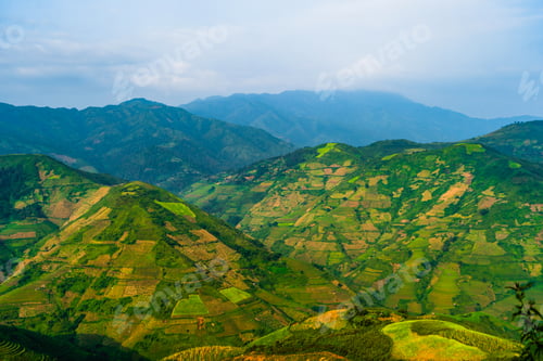 Preview: Paddy rice terraces, green agricultural fields in countryside of mountain hills valley, Vietnam.