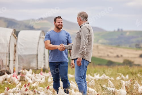 Preview: Shot of two men shaking hands while working together on a poultry farm