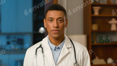 Preview: African American man doctor looking at camera guy ethnic medicare worker healthcare pediatrician