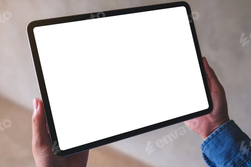 Preview: Mockup image of a woman holding digital tablet with blank white desktop screen