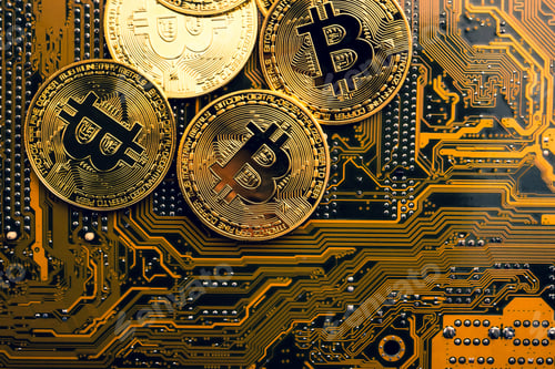 Preview: Golden coins with bitcoin symbol on a mainboard.