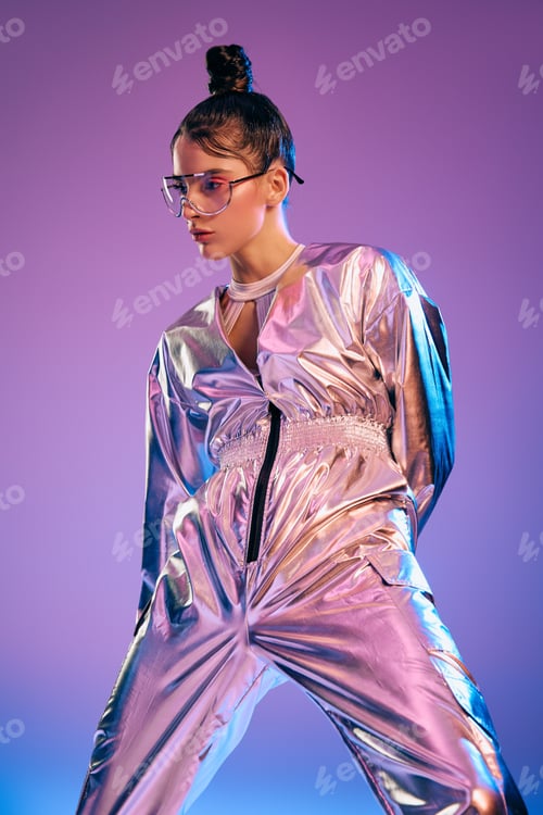 Preview: Futuristic fashion statement featuring a stylish woman with holographic colors in vibrant attire