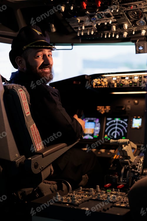 Preview: Portrait of smiling male captain flying airplane with panel command
