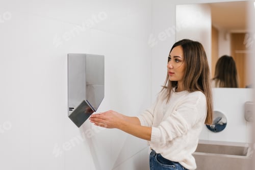 Preview: Caucasian Woman Dries her Hands with Hot Water Using a Dryer