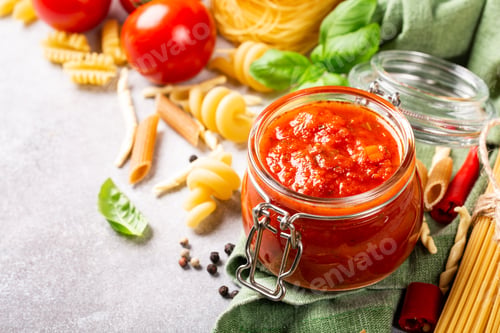 Preview: Glass jar with homemade classic spicy tomato pasta or pizza sauce.