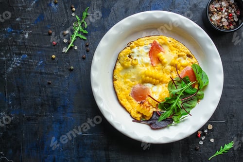 Preview: Omelette Scrambled Vegetables And Salad, Healthy Snack (Corn, Tomato, Onion And Other Ingredients)