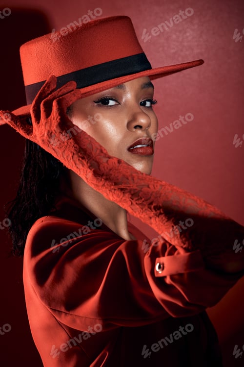 Preview: Fashion, retro and black woman in beauty and sexy portrait, red aesthetic with dark mystery, seduct