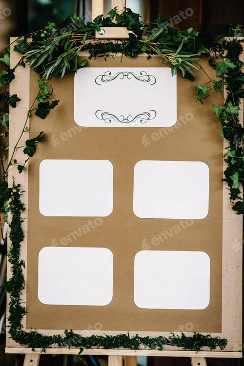 Preview: Tables wedding guests on the easel on wedding reception. The frame is decorated with green flowers