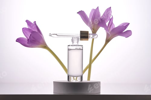 Preview: Serum bottle with dropper on light background with purple flowers.