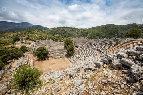 Preview: Turkey touristic area Dalyan Ortaca, Kaunos rock tombs in Dalyan, ancient city of Kaunos, Turkey.