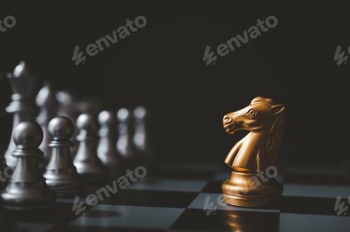 Preview: horse golden chess standing confront of the silver chess team.chess board game