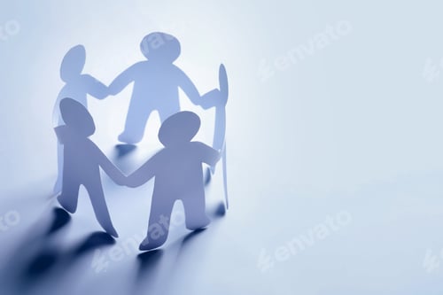 Preview: Paper people holding hands on light background. Unity concept