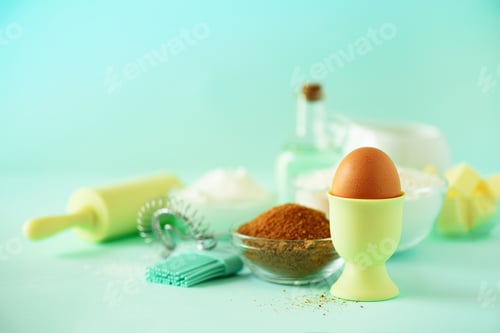 Preview: Time to bake. Baking ingredients - butter, sugar, flour, eggs, oil, spoon, rolling pin, brush, whisk