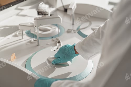 Preview: Close up of scientist in uniform working in medical research laboratory use special equipment