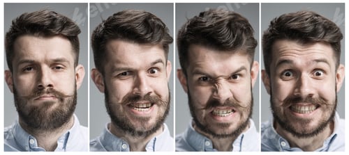 Preview: Man with Varying Facial Expressions on Gray Background