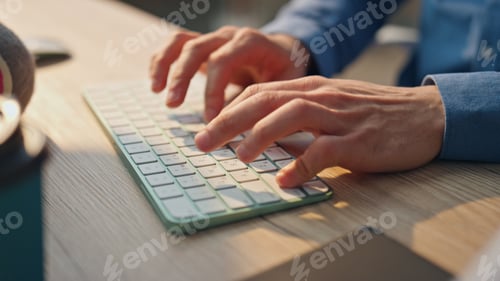 Preview: Businessman hands typing keyboard office close up. Freelancer working computer