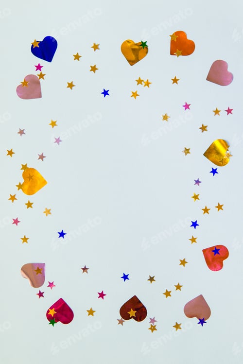 Preview: Festive frame or blue background with colorful hearts, confetti, star. Flat lay, mockup.