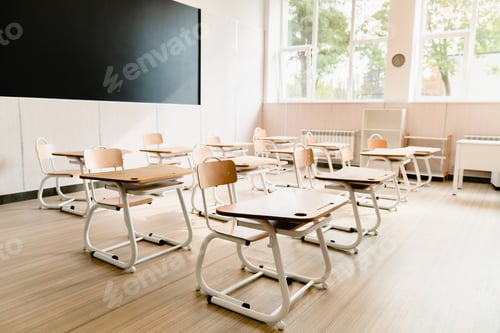 Preview: Empty modern classroom at school university college. School is closed.
