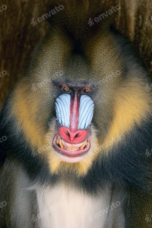 Preview: Close view of angry Mandrill monkey with sharp teeth with tree background, Mandrillus sphinx