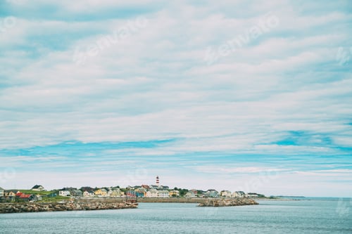 Preview: Alnesgard, Godoya, Norway. Old Alnes Lighthouse In Summer Day In Godoy Island Near Alesund Town