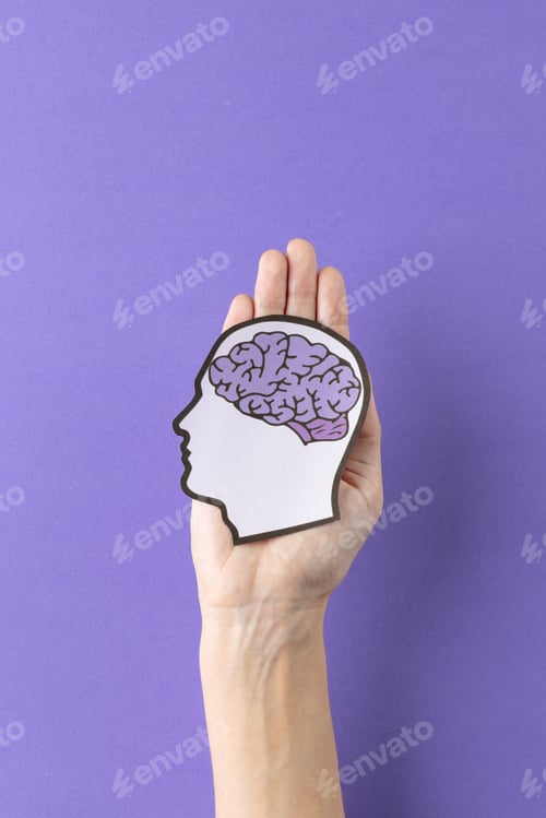 Preview: Vertical of hands holding head silhouette with purple brain on purple background, with copy space