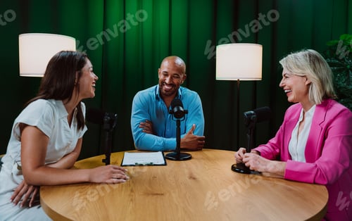 Preview: Group of three diverse hosts having a podcast discussion