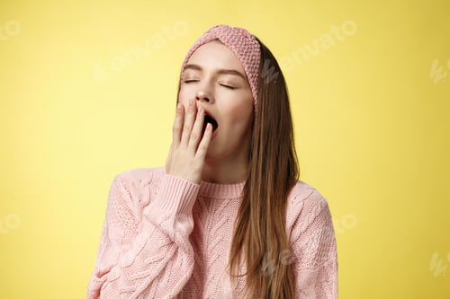 Preview: Time to bed. Portrait of tired cute sleepy girlfriend wearing sweater, knitted headband yawning cute