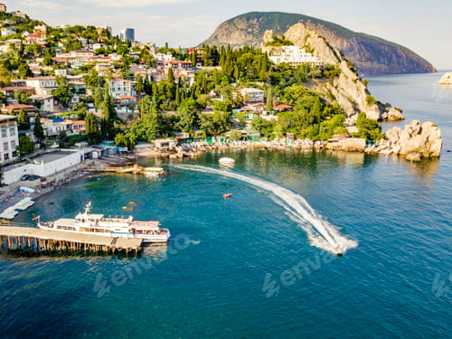 Preview: aerial aqua jet ski in the europe city sea bay near the coast
