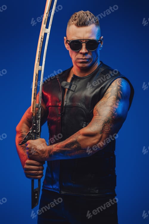 Preview: Muscular guy in cyberpunk style with sword against blue background