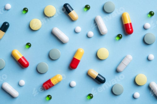 Preview: Different pills on color background, flat lay
