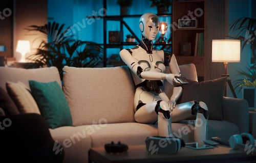 Preview: Humanoid robot sitting on the couch and watching TV