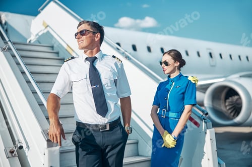 Preview: Cheerful pilot and stewardess standing on stairway