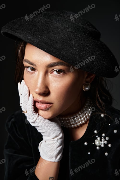 Preview: Sophisticated young woman wearing elegant attire and accessories with a thoughtful expression